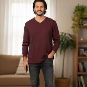 Retro Big & Tall V-Neck Long Sleeve Pullover Burgundy Sweatshirt XL